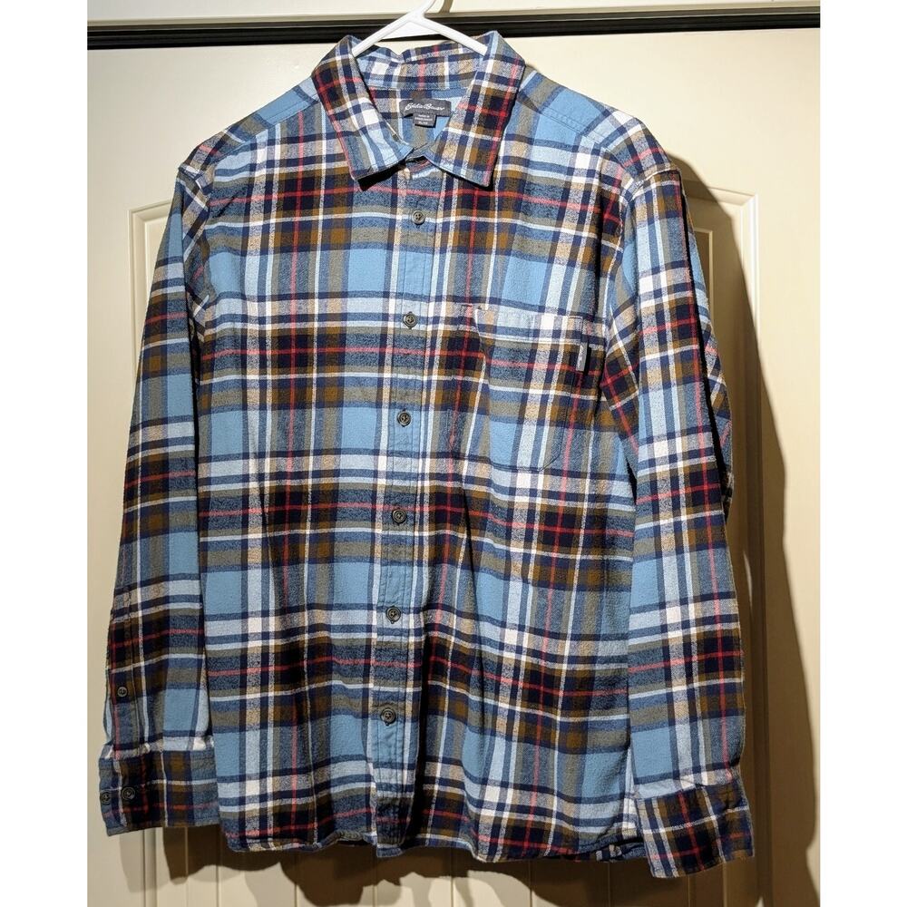 Eddie Bauer Blue Plaid Cotton Flannel Button Up Shirt Mens Sz XL